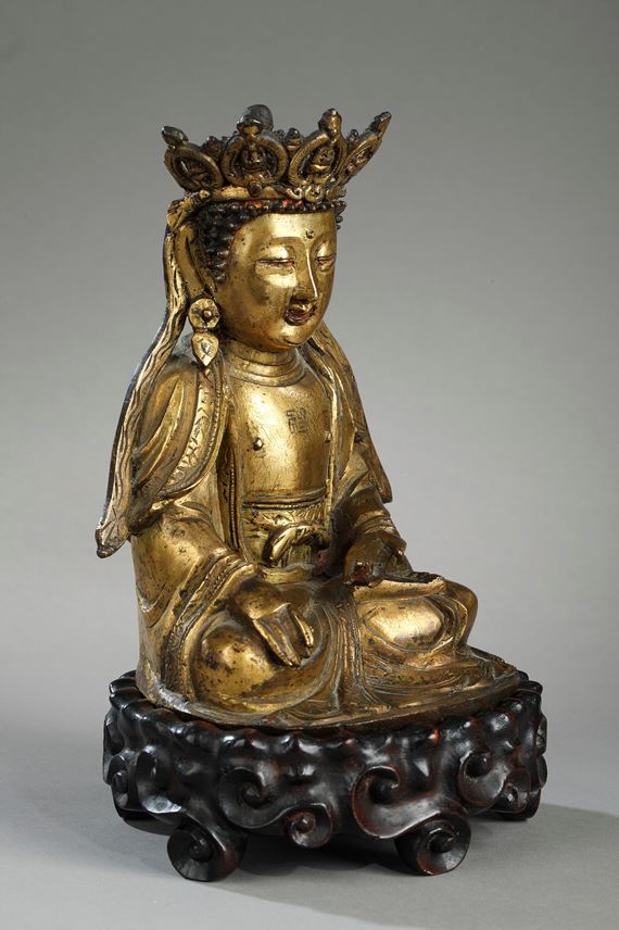 Figure of Bodhisattva  Gold bronze and sitting in padmasana  the hands in bhumisparsa mudra  | MasterArt
